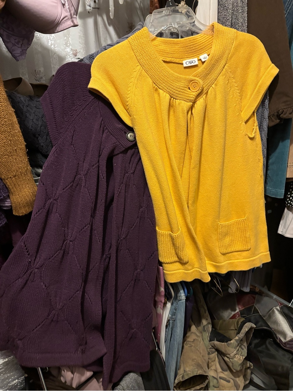 Cato Yellow Short-Sleeve Knit Cardigan with Purple Knit Sweater
